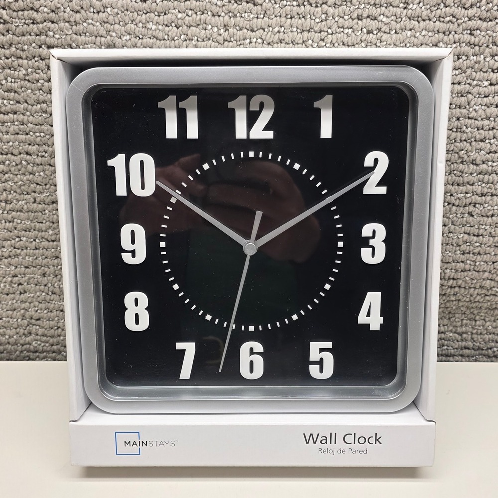 Mainstays Square Wall Clock Black Silver 8.75 Inch Modern Analog MS30-061-003-01